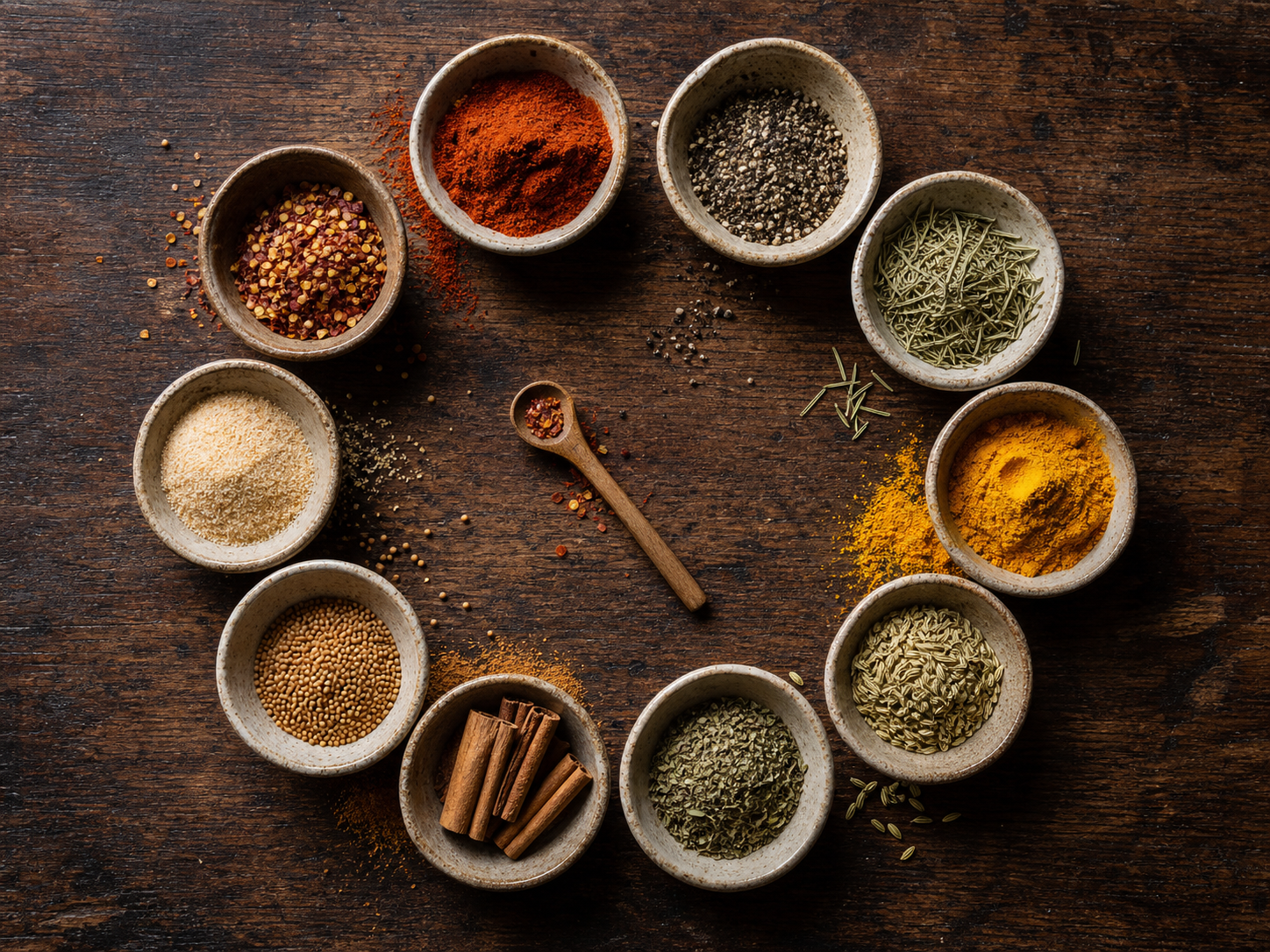 Ten ceramic bowls of herbs and spices arranged in a circle on a worn wood counter