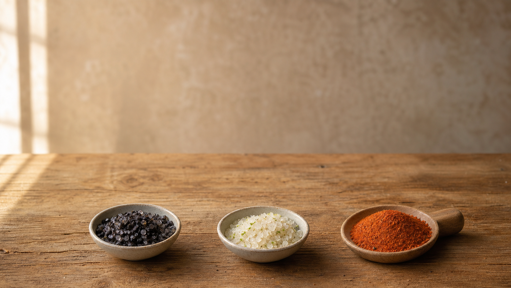 Bowls of pale salt and red seasoning on a wooden blending table
